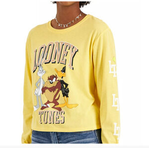 Looney Tunes Bugs Bunny Daffy Duck & Taz Juniors' Yellow Varsity Top NWT